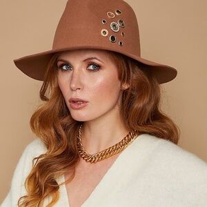 Sold Out Handmade Eugenia Kim Georgina Wool Camel Fedora Grommets/Rhinestones